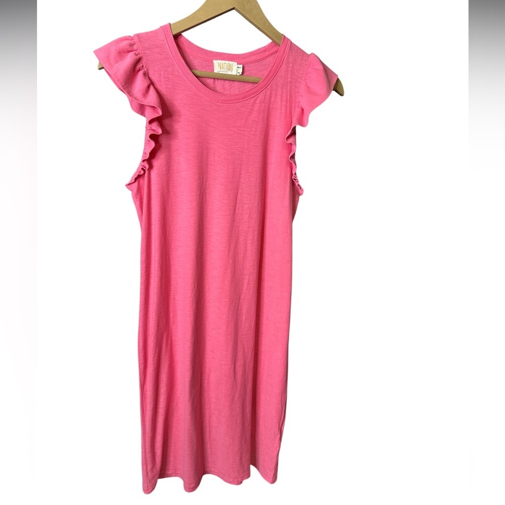 Nation LTD | Elliot Ruffle Dress | Pink | 100% Pima Cotton | Sleeveless | Size S - Picture 3 of 6